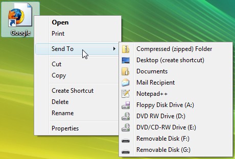 "Send to" menu